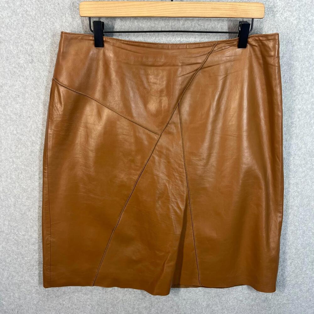 Vintage Vakko Sport Skirt Womens 14‎ Brown Genuine Leather Pencil Zip Up Back